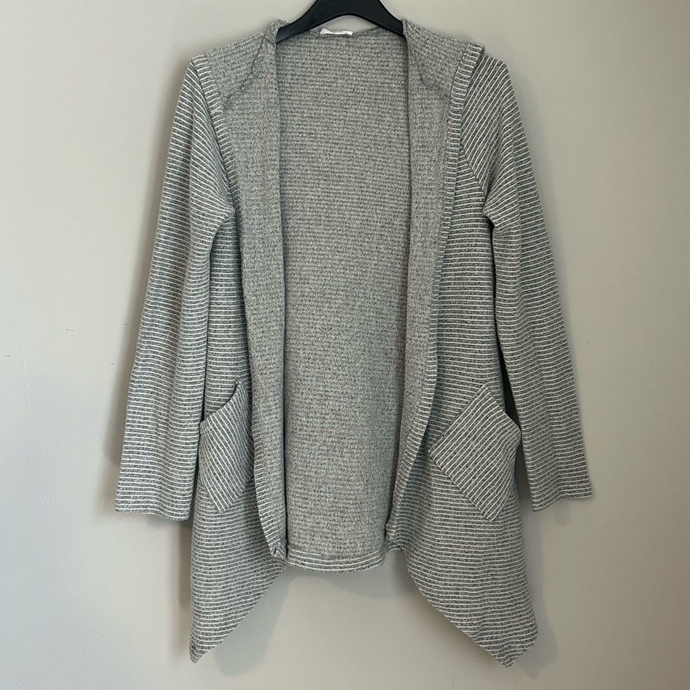 Chic Soul Light Gray Hooded Open-Front Striped Cardigan
